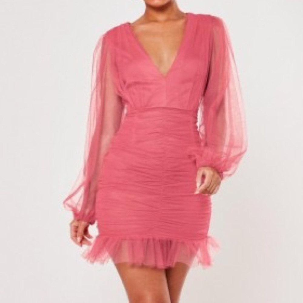 Mesh V Neck Ruched Mini Dress